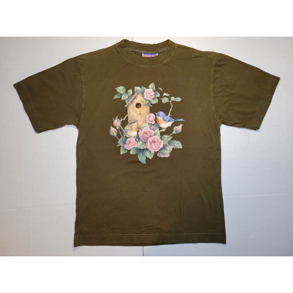Vintage North Crest Bluebirds Birdhouse Pink Roses Olive Green Shirt Mens Small